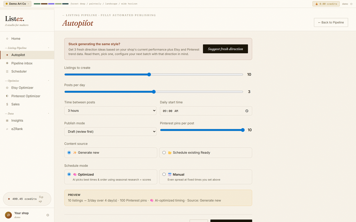 ListEZ Autopilot configuration — slider controls for listings per day, posting cadence, publish mode, and Pinterest pins per post, with a live preview showing 10 listings over 4 days and 100 Pinterest pins.